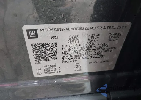 2020 Chevrolet Equinox Awd Lt 1.5L Turbo из США, поврежденный, VIN 3GNAXUEV8LS558291